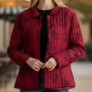 Carole Little 100% Silk Size XL  Red Black Floral Print Beaded Quilted Jacket